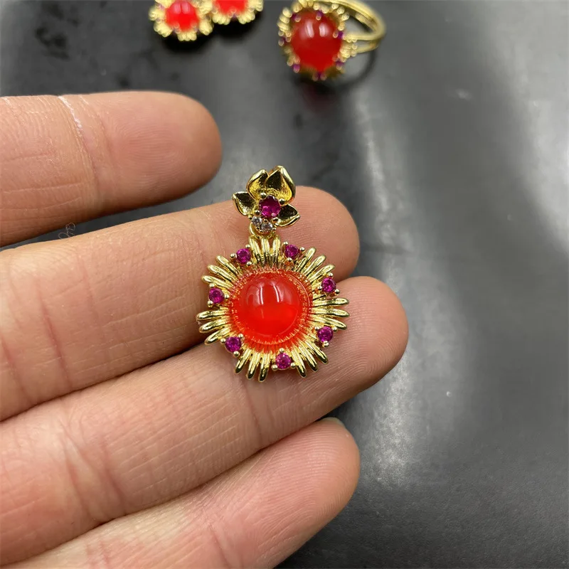 Cheap Jade Inlaid Red Agate Three-Piece Set Red Chalcedony Ring Pendant Earrings Set Special Offer