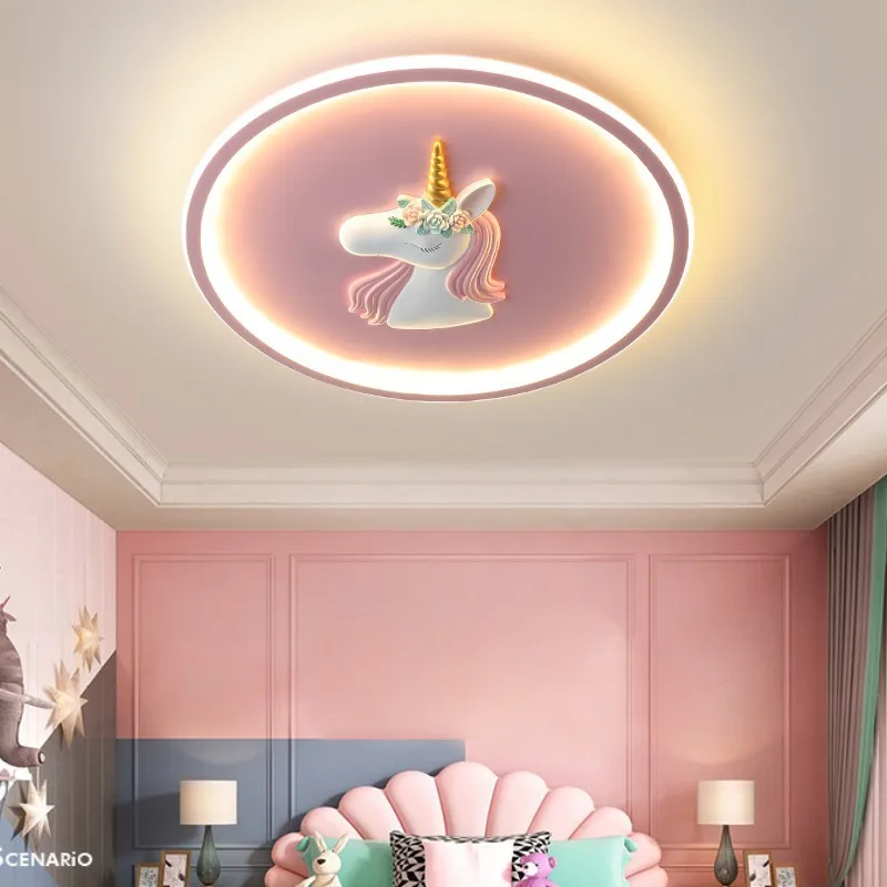 cartoon unicornio led teto luz para menina quarto princesa lampada do teto do bebe bercario bonito rosa lustre criancas plafondlamp 01