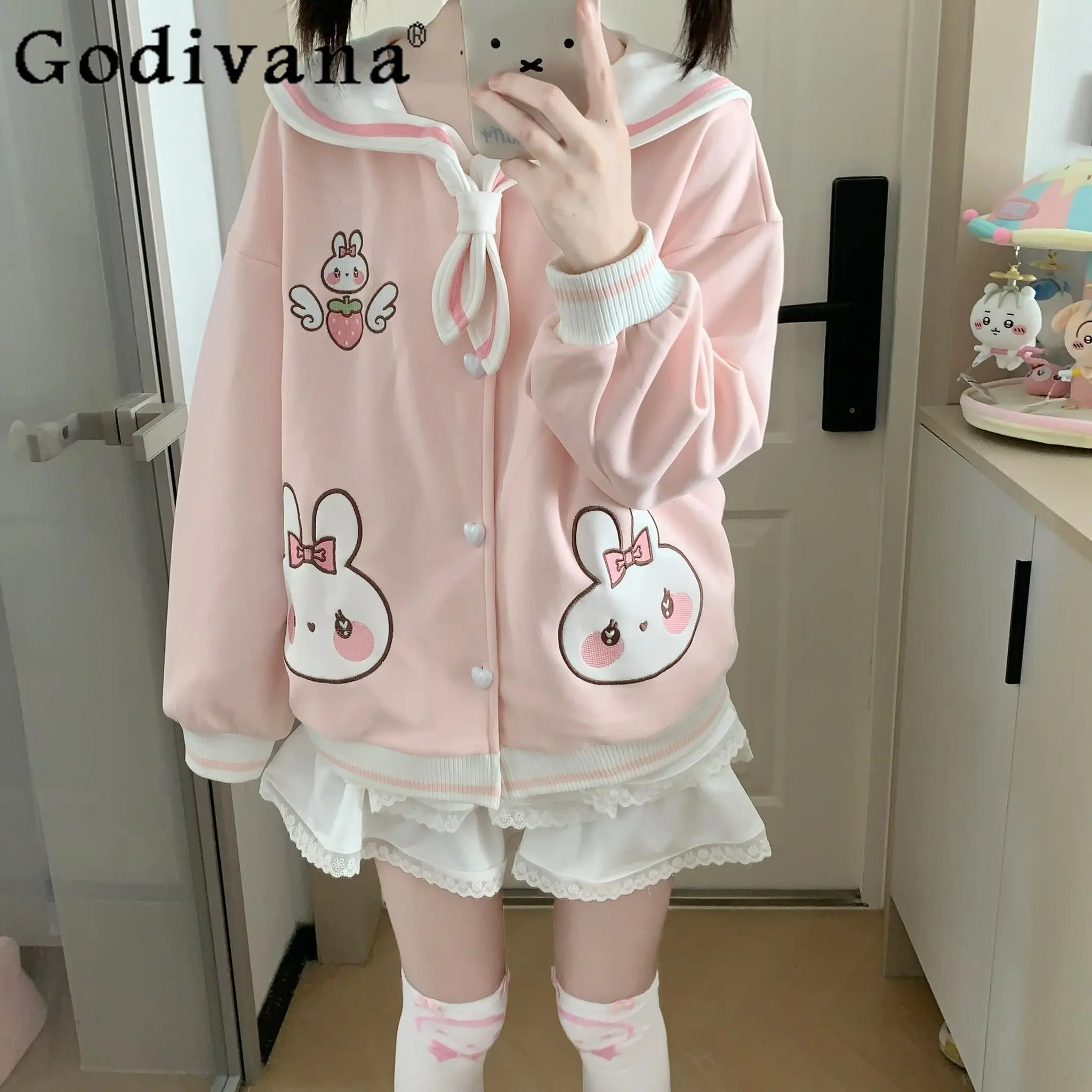 

Мягкая и нежная розовая куртка в стиле кавайи, весна 2026, с вышивкой кролика, воротник в морском стиле, Y2K, одежда для девочек, женская