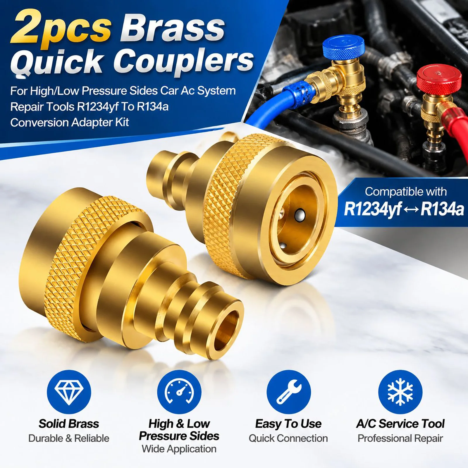 Brass Quick Couplers 2Pcs Car AC System High Low Pressure R1234YF to R134A Conversion Adapter Kit