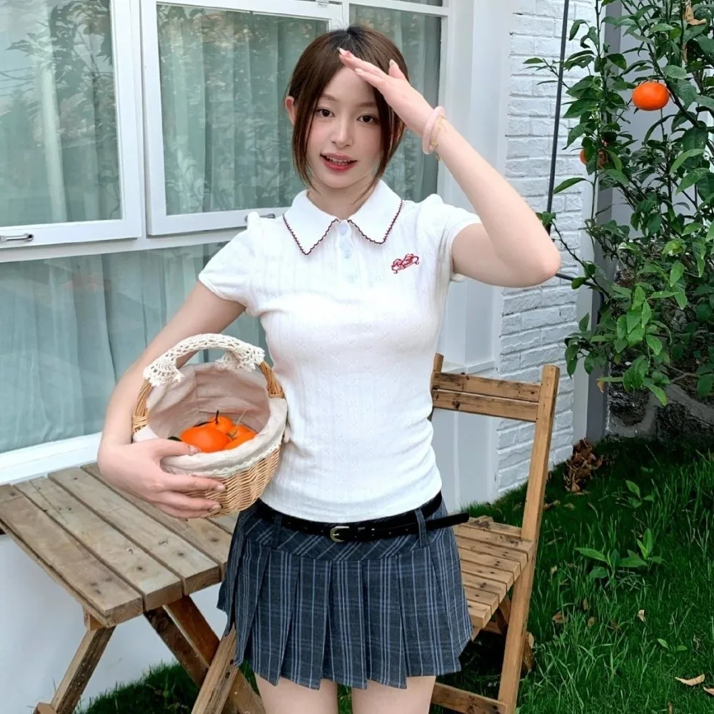 

Ins Fashion Embroidery Korean T-Shirt Short White Knitwear Tops Streetwear Pullover Y2K Crop Top Party