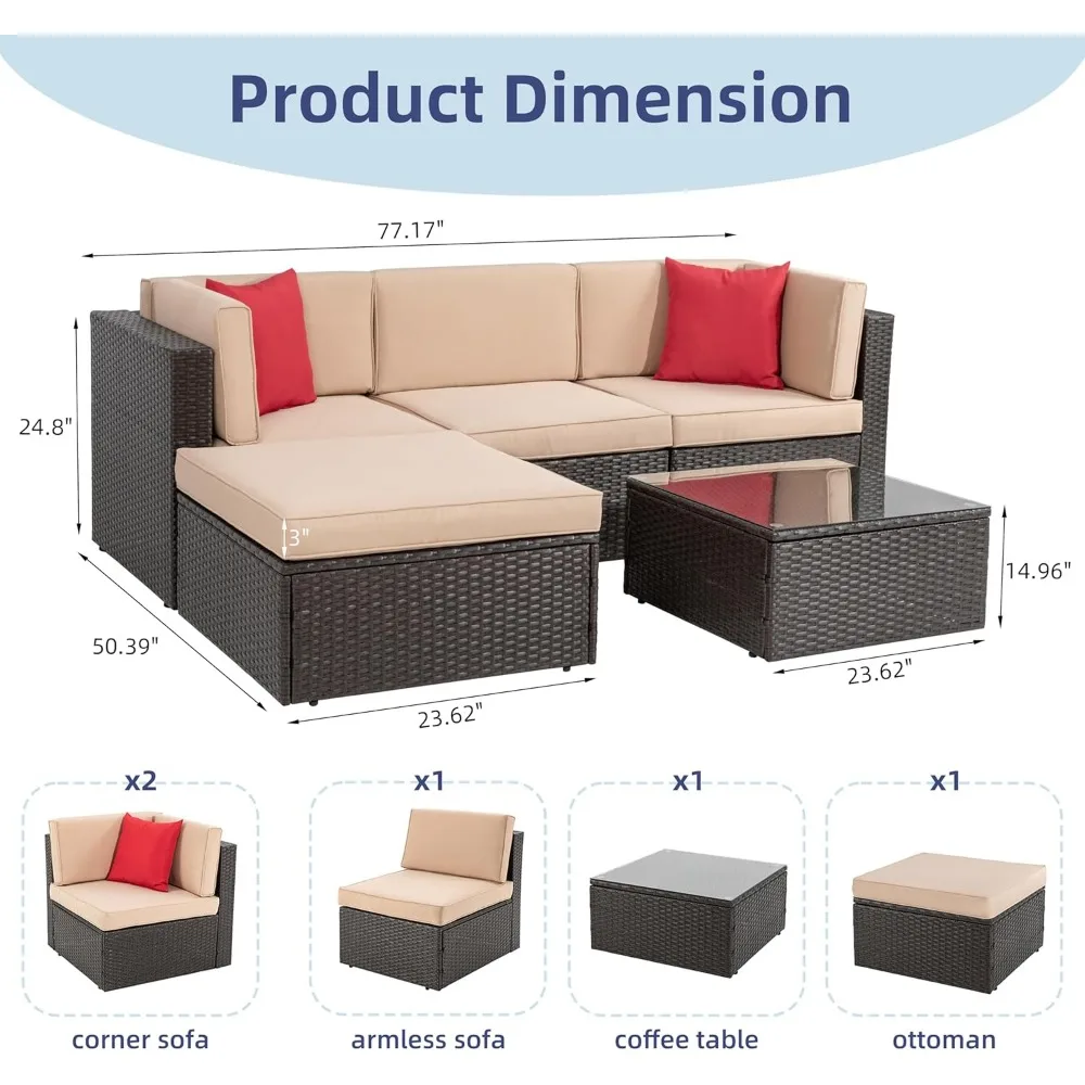 5 Piece GardenFurniture Sets,All-Weather Wicker Outdoor Couch Sectional Set,Conversation Set for Garden/Patio w/Ottoman