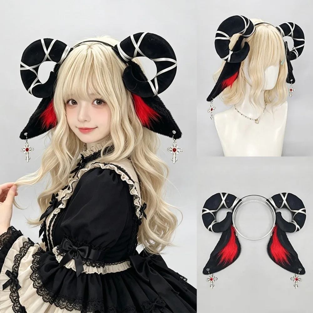 Furry Cute Devil Goat Horn Headband Plush Soft Sheep Ears Hair Band Creative Black Cosplay Headwear Halloween Party