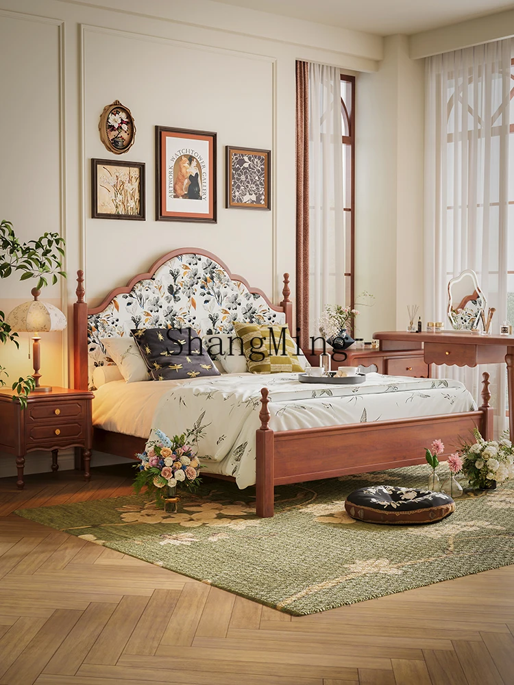 

CL retro solid wood bed soft bag medieval printing bed 1.8 meters 1.5 light luxury double bed