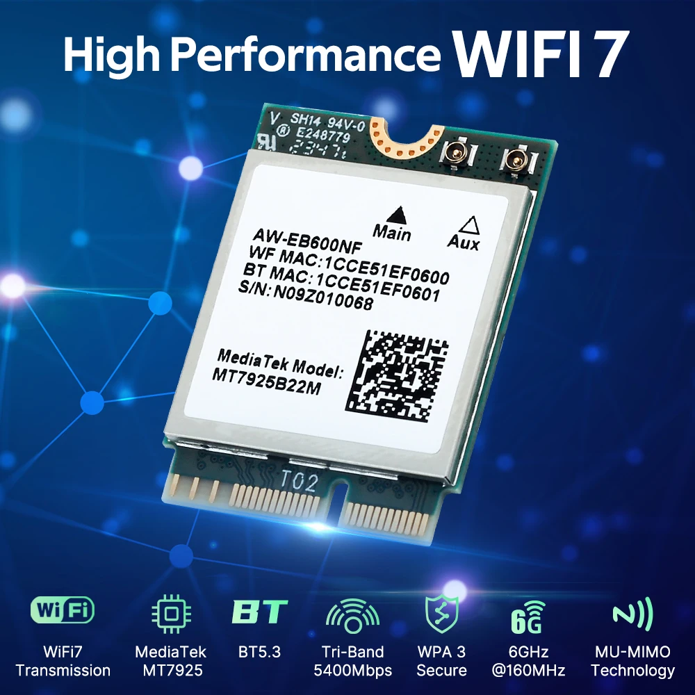 WiFi 7 MT7925 Network Card Bluetooth 5.3 M.2 NGFF Wireless Adapter 5400Mbps Tri Band 2.4G 5G 6GHz Wifi7 Lan Card For Win 10/11