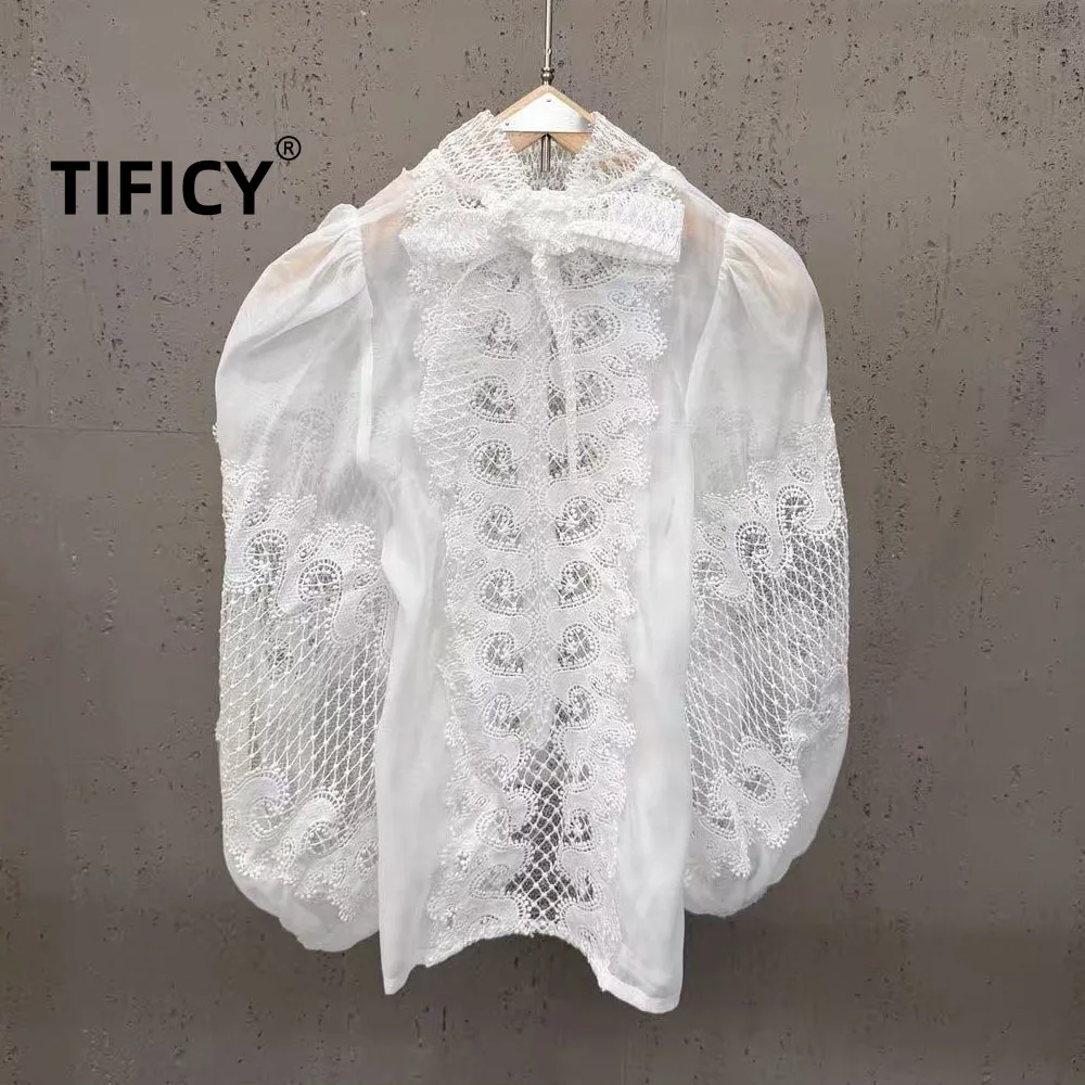 High Street Blouses Women's Spring/Summer Collection Hollow Embroidery Mesh Long Sleeve Stand Collar Loose Palace Shirt Top