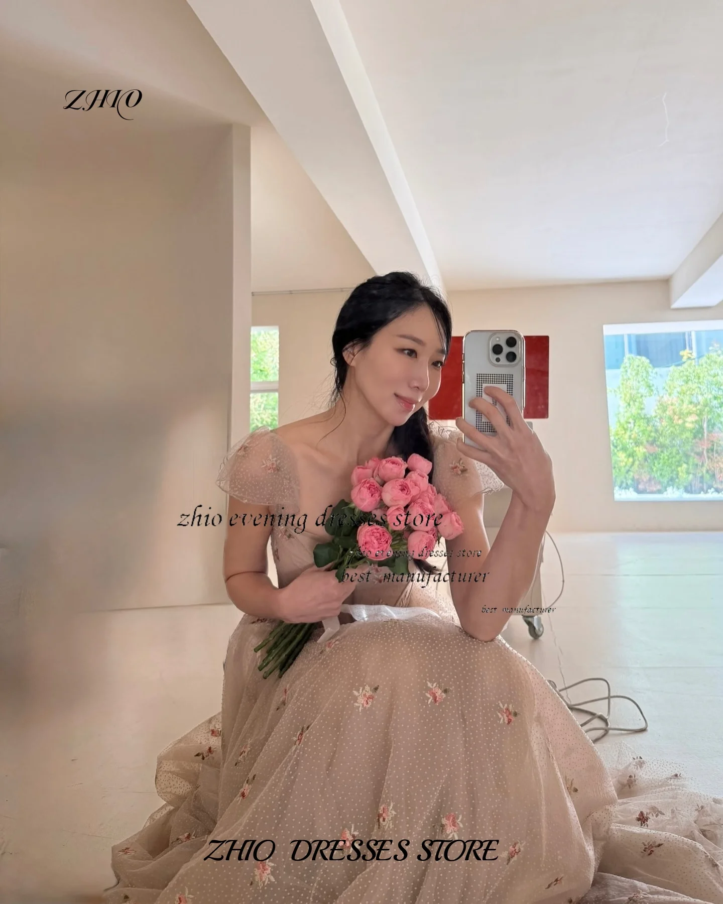 ZHIO Тюлевое корейское вечернее платье цвета шампанского с вырезом в форме сердца и пышными рукавами, трапециевидной формы, длиной до пола, подходит для свадебного платья