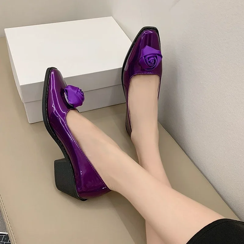 High Quality Female Purple High Heels 2024 Summer New Fashion Square Toe Women\'s Pumps Elegant Rose Design Girl\'s Date Shoes