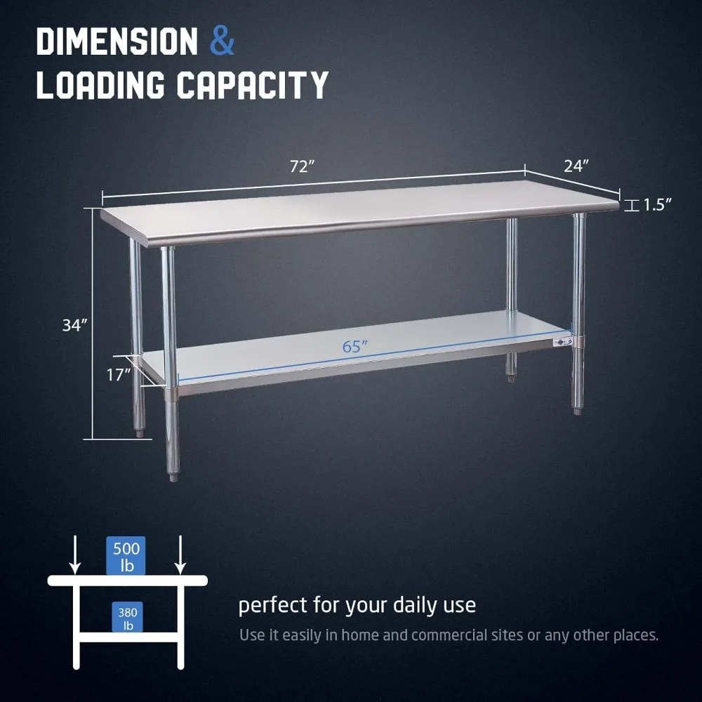 Mesa de preparación de acero inoxidable, mesa de trabajo comercial NSF de 72x24 pulgadas con mesa resistente para restaurante de cocina
