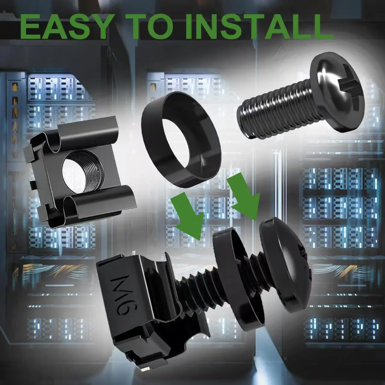 120 Stück M6x16mm Rack-Schrauben, Käfigmuttern und Unterlegscheiben-Set, schwarze Stahlbefestigungen für Serverschränke, Netzwerkausrüstung, Datenrack-Montage