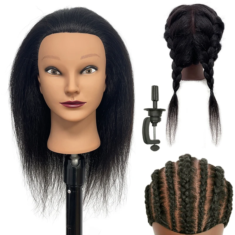 Premium African Mannequin Head with 100% Animal Hair for Styling Braiding Professional Training Hairdressing Hairart Head Stand