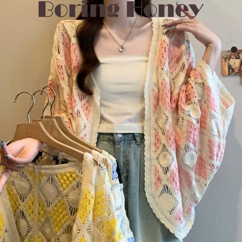 Boring Honey Fashion Crochet Hollow New Knit Cardigan Autumn  Seaside Holiday Style Long Sleeve Blouse All-Match Slim Top Women