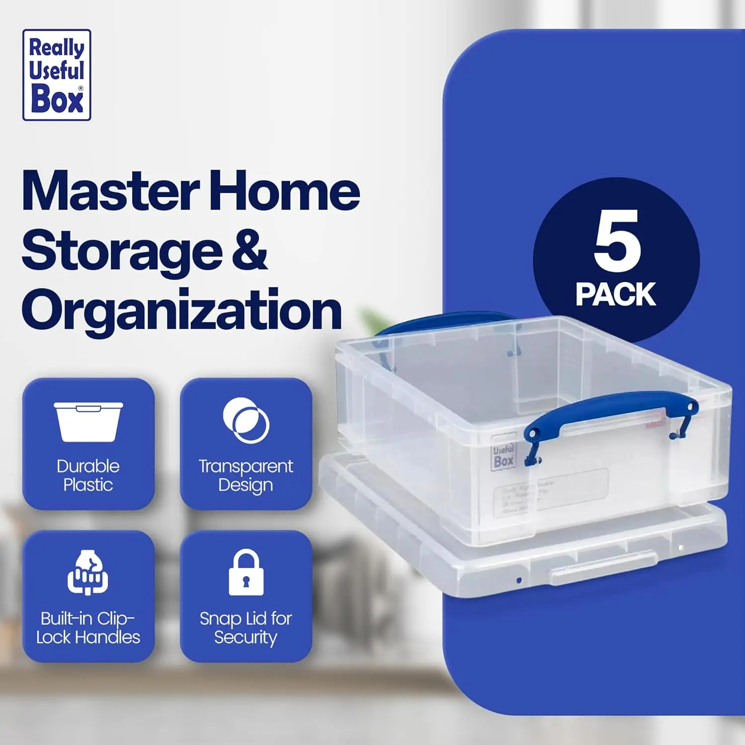 8.1L Stackable Plastic Storage Box with Snap Lid & Clip Lock Handles for Home Office Organization (5 Pack)