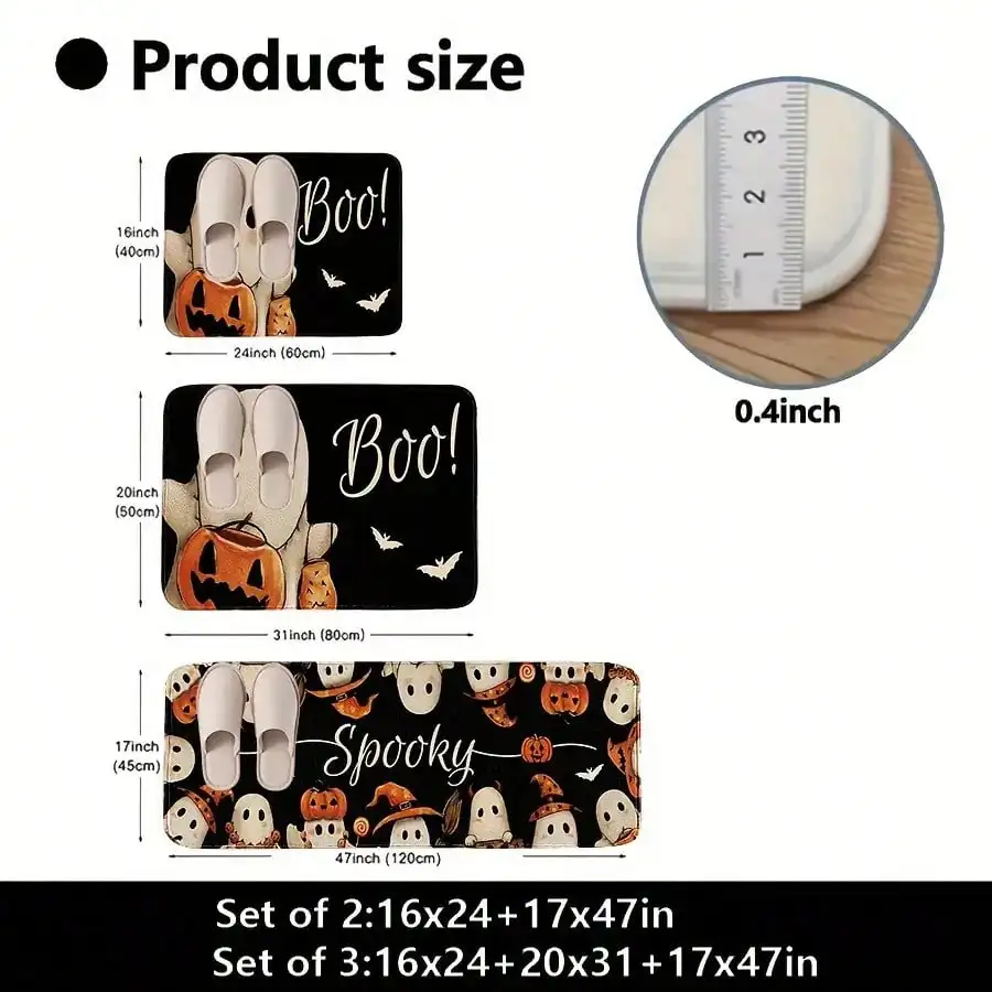 Halloween Kitchen Rug Set Cute Spooky Non-Slip Carpet Black Ghost Pumpkin Printed Soft Flannel Fabric 2 3 Pcs Set Machine Washable Rectangle Runner For Kitchen Hallway Entryway Halloween Decoration view 5