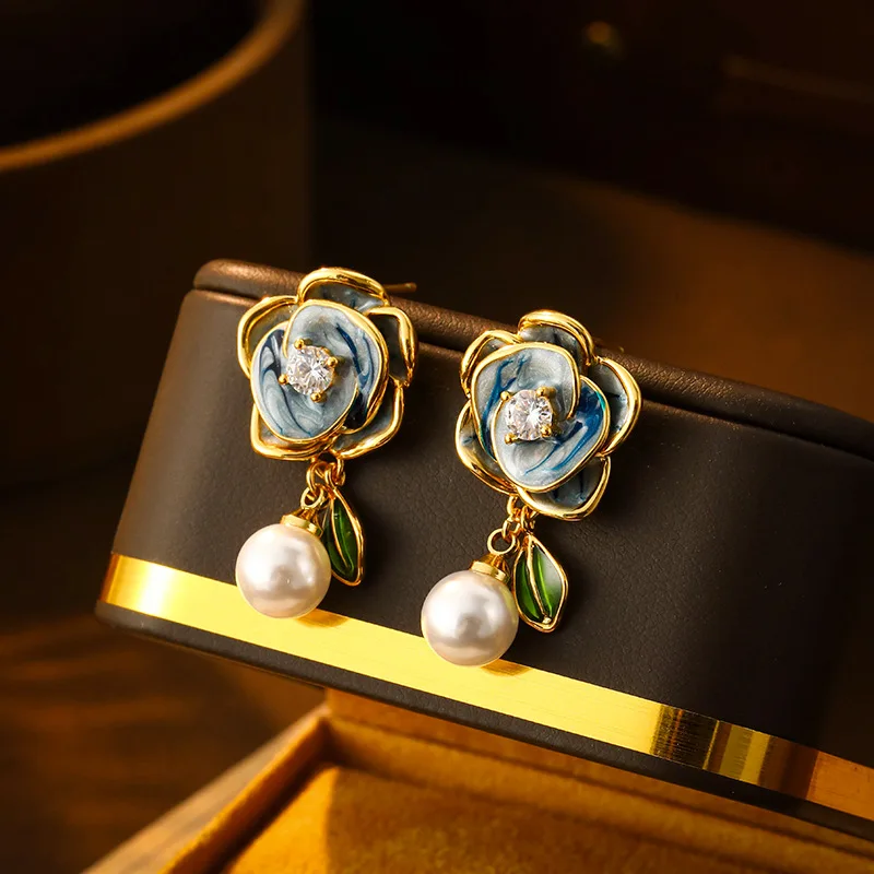 

Chinese Classical Style Camellia Pearl Women's Earrings Enamel Drip Glazed Flower Retro Simple Classic Jewelry