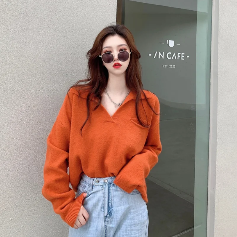 

Women Clothing Vintage Knitting Sweater Orange V-neck Long Sleeve Casual Korean Fashion Simplicity Baggy Female 2023 Winter Tops