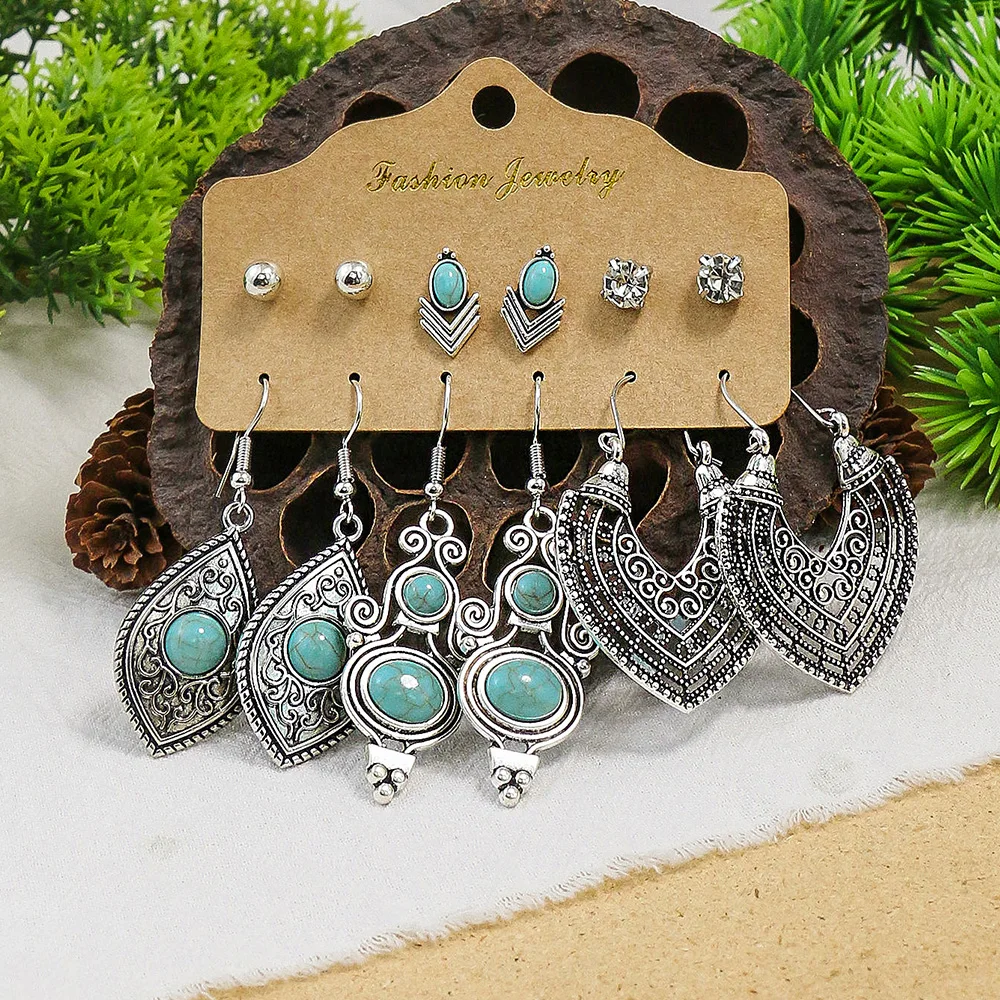 Women\'s Earrings Snake Pendant Vintage Boho Blue Stone Turquoise Ear Women Wholesale Mixed Ethnic Jewelry Sets Party Gifts