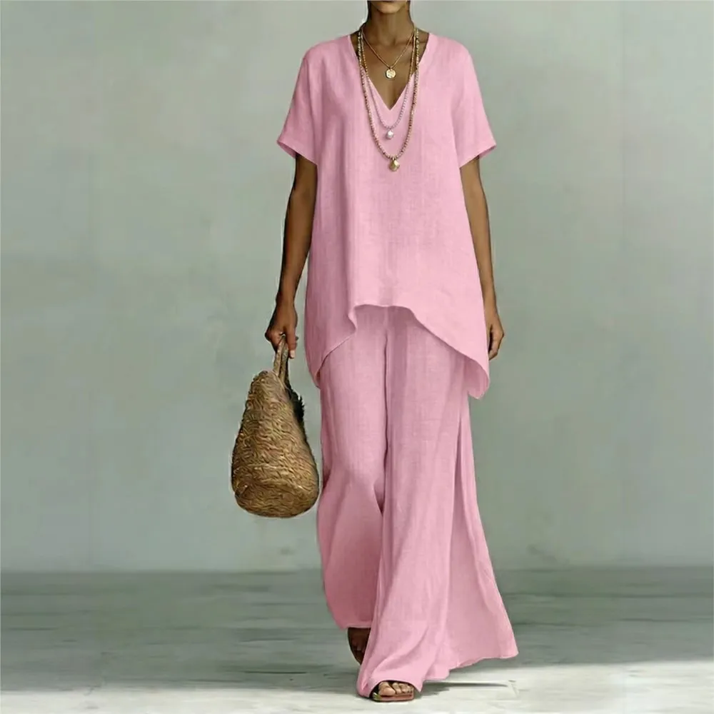 

Fashion Loose Cotton Linen Short-sleeved Trousers 2 Piece Set Women Summer New Casual V-neck Retro Female Wide-leg Trousers Suit