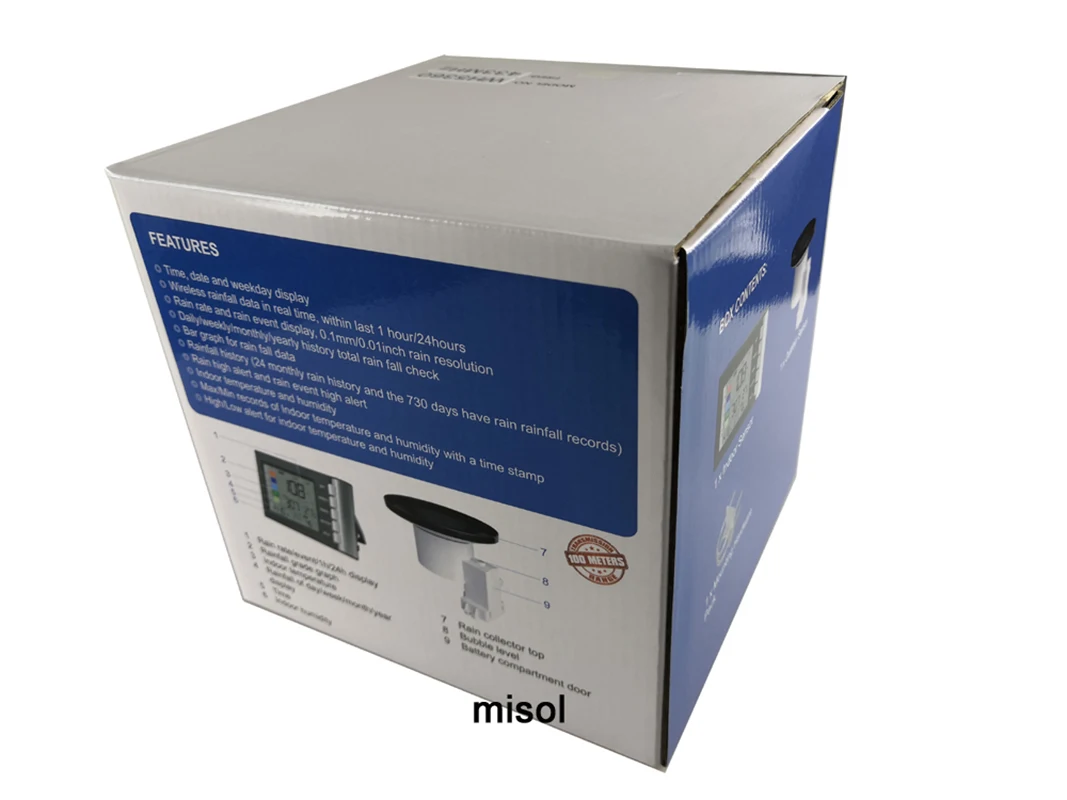 Medidor de lluvia misol, pantalla LCD y medición de temperatura y humedad