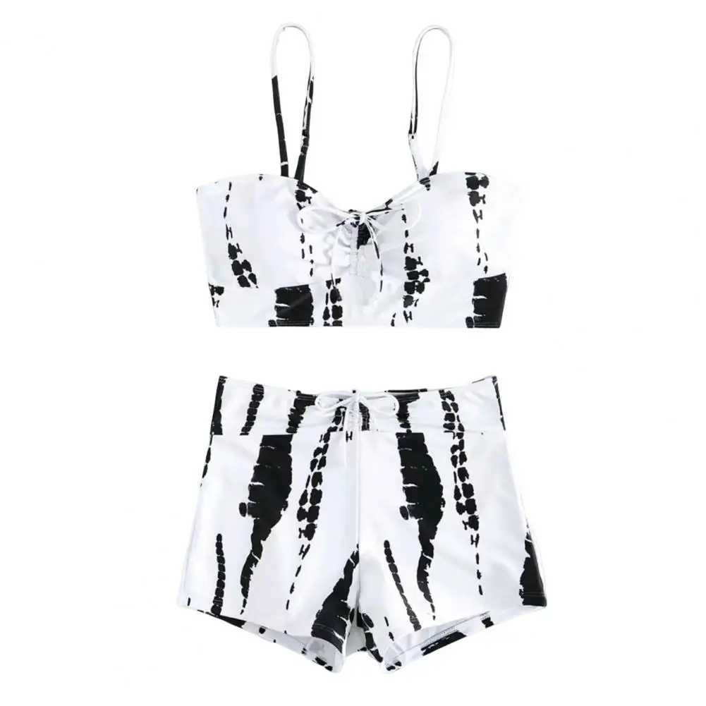 High Waist Swimsuit Stylish Lace-up Bikini Set with Push Up Support High Waist Design for Women Contrast Color Spaghetti Strap