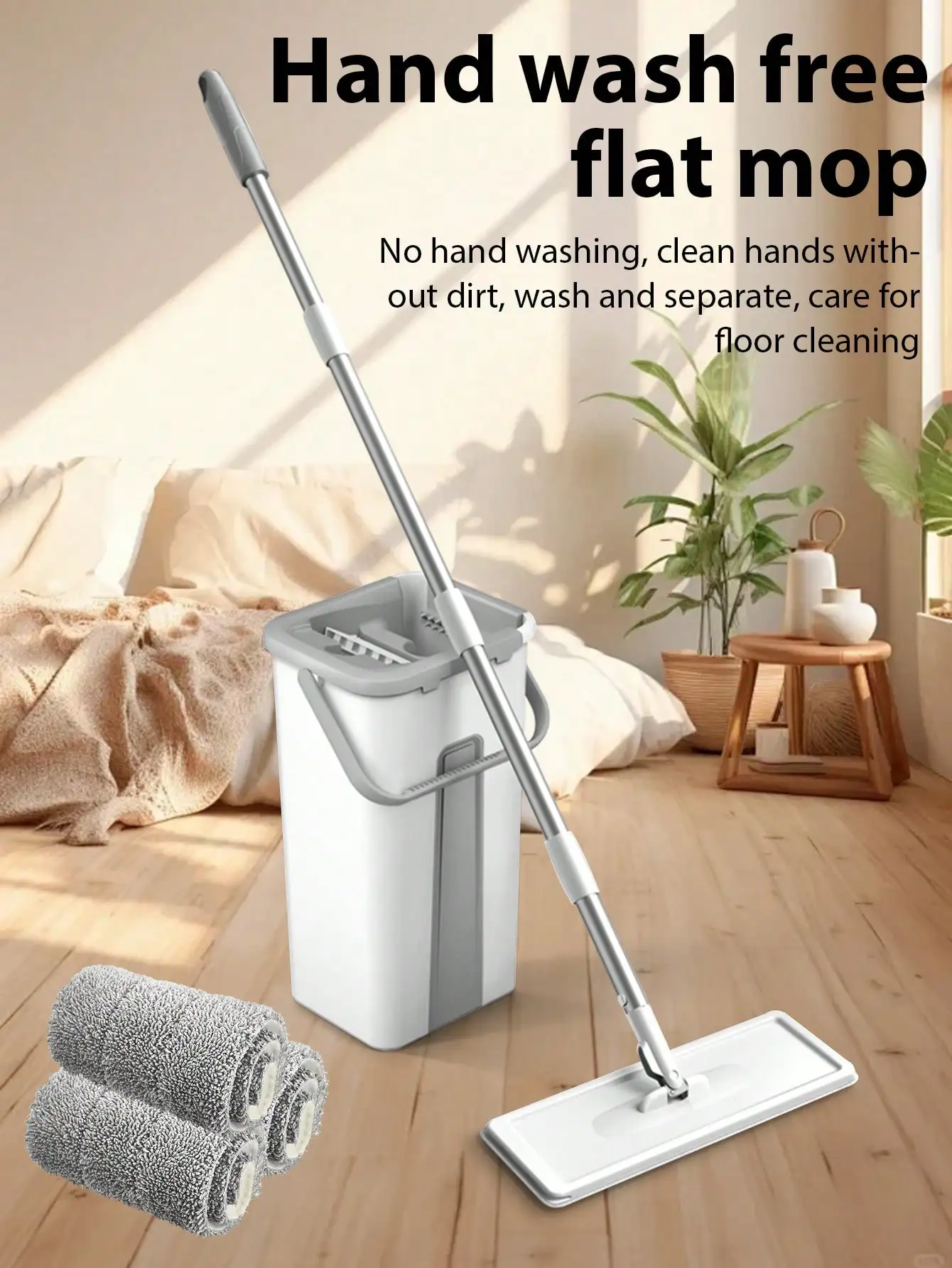 

Hands-Free Flat Floor Mop & Bucket Set with 3 Washable Microfiber Pads for Hardwood Cleaning