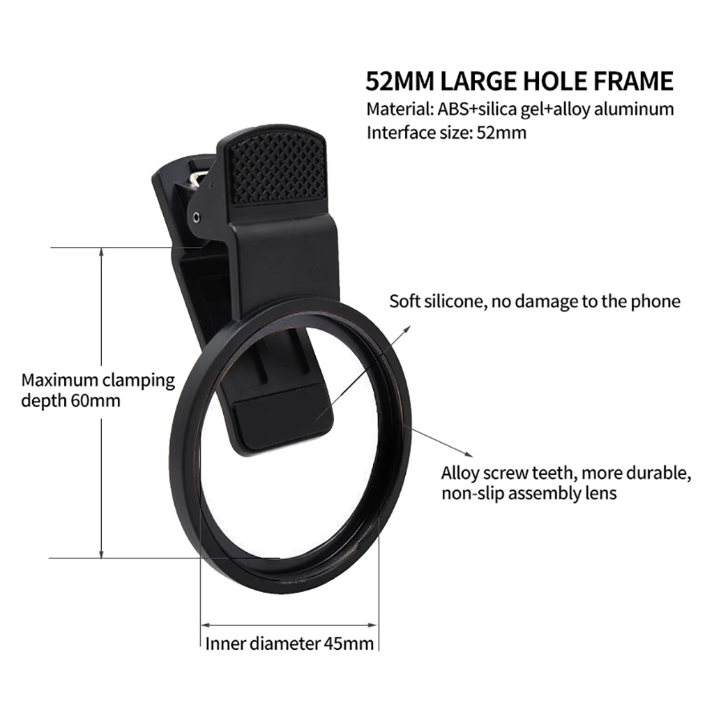52 mm professioneller Objektivfilterring für Telefonkameras, Halterungsclip für alle Smartphones, Objektivadapter, Telefonclip, Gewinde aus Aluminiumlegierung – Detail 1