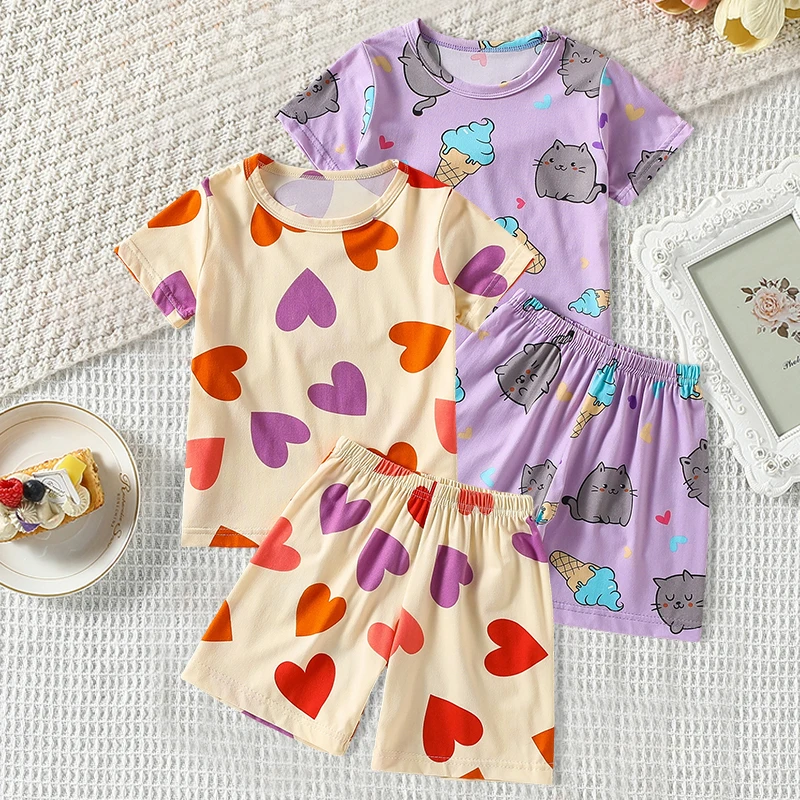 2-piece Summer Children's Cute Printed Casual Set for Girls, Round Neck Versatile Short Sleeves Comfortable Elastic Waist Shorts