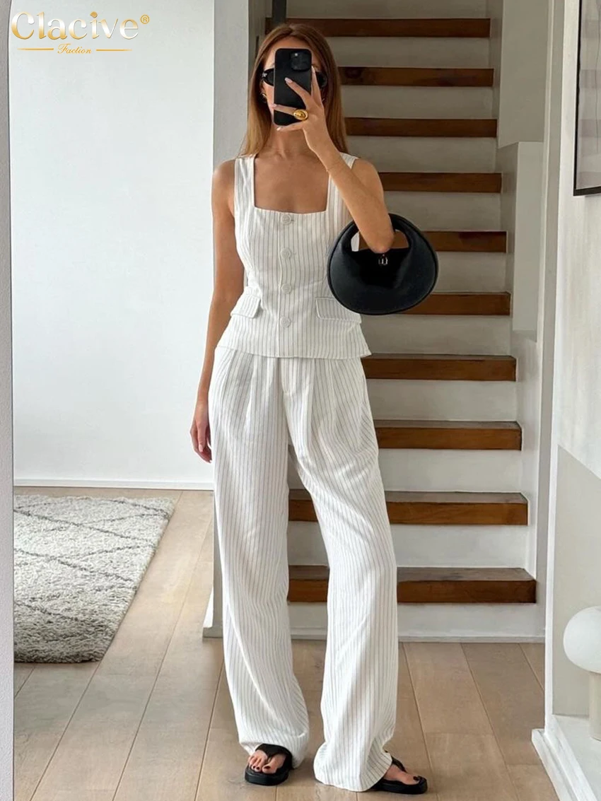 

Clacive Summer Loose Stripe Print Trousers Sets For Women 2 Pieces Fashion Sleeveless Tank Top With High Waist Wide Pants Set