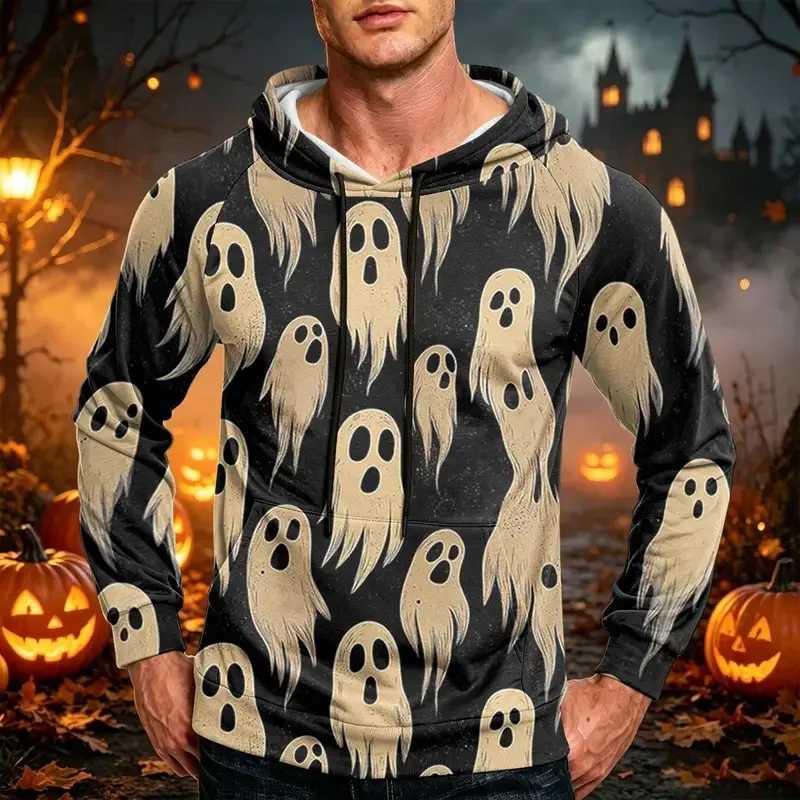 Men Halloween All‑Over Print Hoodie Neon Pumpkin Ghost Flame Pattern Drawstring Pocket Long Sleeve Pullover Casual