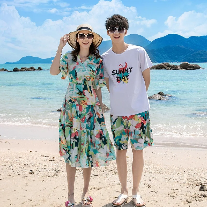 Family Matching Outfit Set Tropical Floral Wrap Dress & T-Shirt Shorts Set Casual Beach Vacation Outfits for Mom Dad and Kids