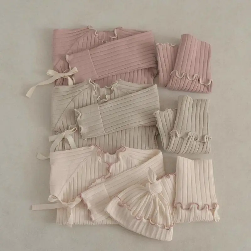 

2026 Spring New Baby Long Sleeve Home Clothes Set Girls Cotton Ribbed Tops + High Waisted Pants 2pcs Suit Infant Pajamas Outfits