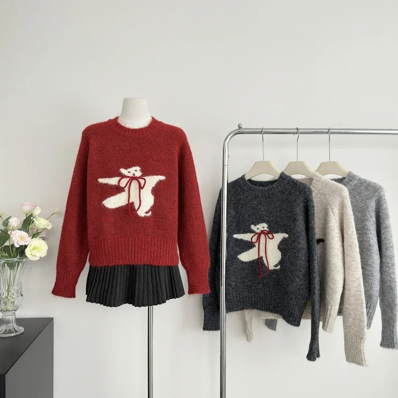 MiiiiX Sweet Style Bear Pattern Knitted Sweater Women's Pullovers 2024 Autumn New Loose Contrast Color Soft Tie Bow Casual Top