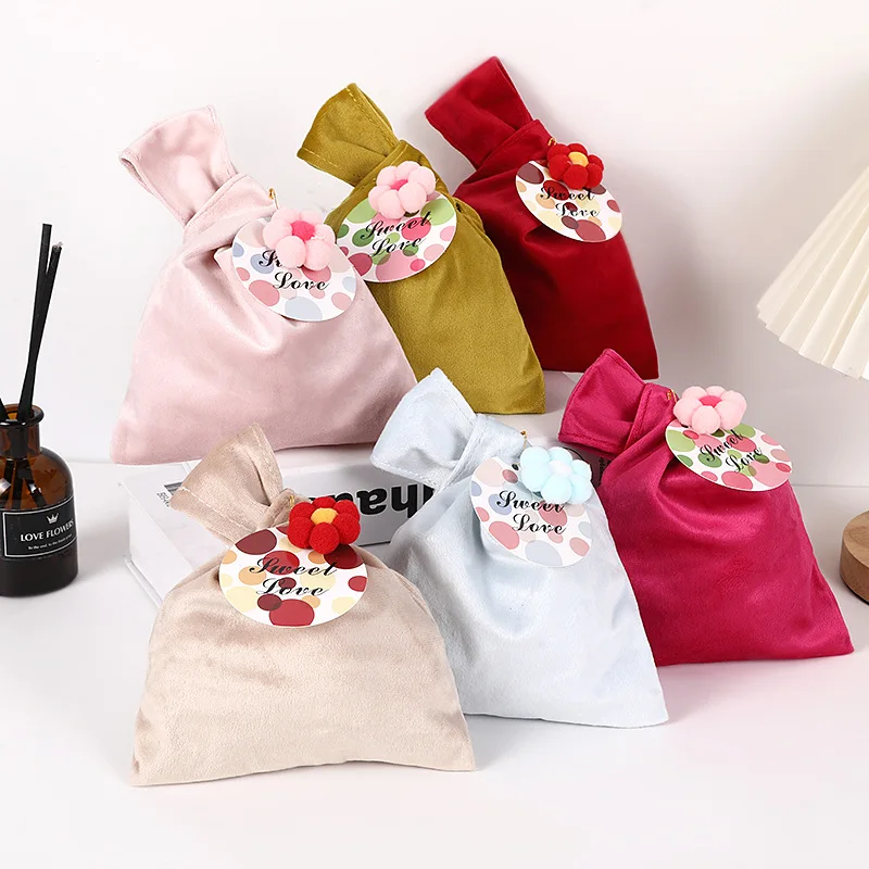 20 Pcs/Lot Simple Multi-Color Portable Wedding Candy Bag Holiday Small Gift Packaging Cloth Bag With Card + Flower Ball