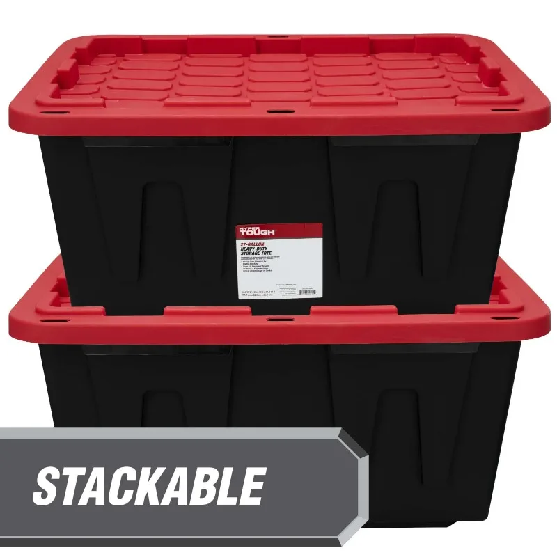 (6 pack/ 4pack) Large Storage Bin, 27 Gallon Plastic Storage Container with Snap-On Lid, Black and Red
