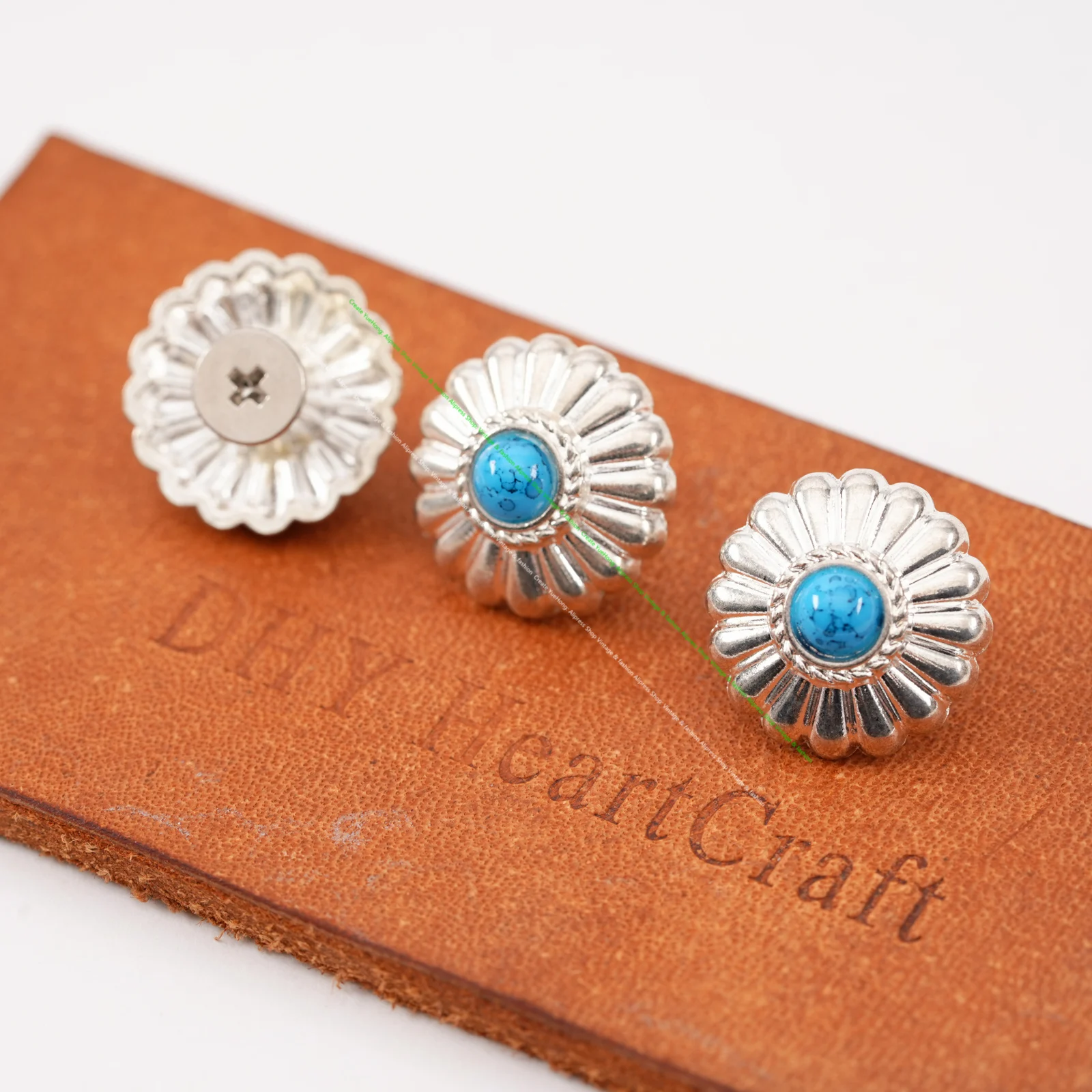 10PC 16MM WESTERN FLORAL BEAUTY TURQUOISE BEADS BLING SLIVER LEATHERCRAFT GARMENT CONCHOS DECOR SCREWBACK