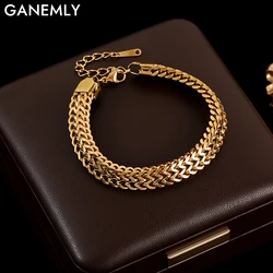 GANEMLY 316L Stainless Steel Thick Wrist Chain Bracelet Bangle For Women Men Trendy 18K Gold Plated Waterproof Jewelry Bijoux