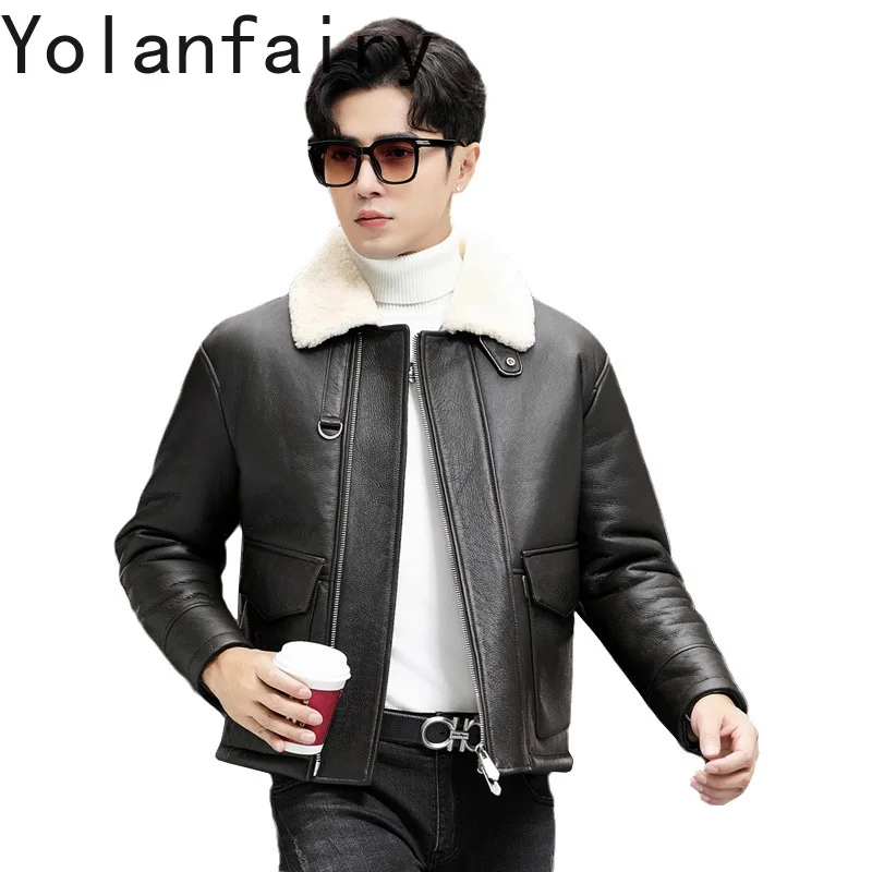 YOLANFAIRY Genuine Sheepskin Jacket Mens Real Fur Coat Winter Clothes Leather Motorcycle Jacket Fleece Jacket Men Бомбер 2024