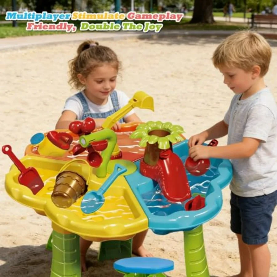 Beach Sand and Water Table with Chair 3 in 1 Indoor Outdoor Sensory Toy for Toddler Boys Girls BPA-Free Plastic, Blue Yellow, F