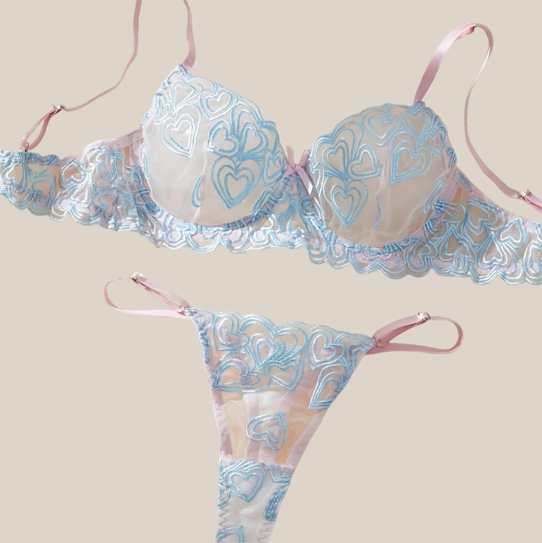 

Ellolace Romantic Women's Lingerie Sets Seductive Heart Embroidery Bra Hilitos Sexy Lace Youth Contrast Color Women Underwear
