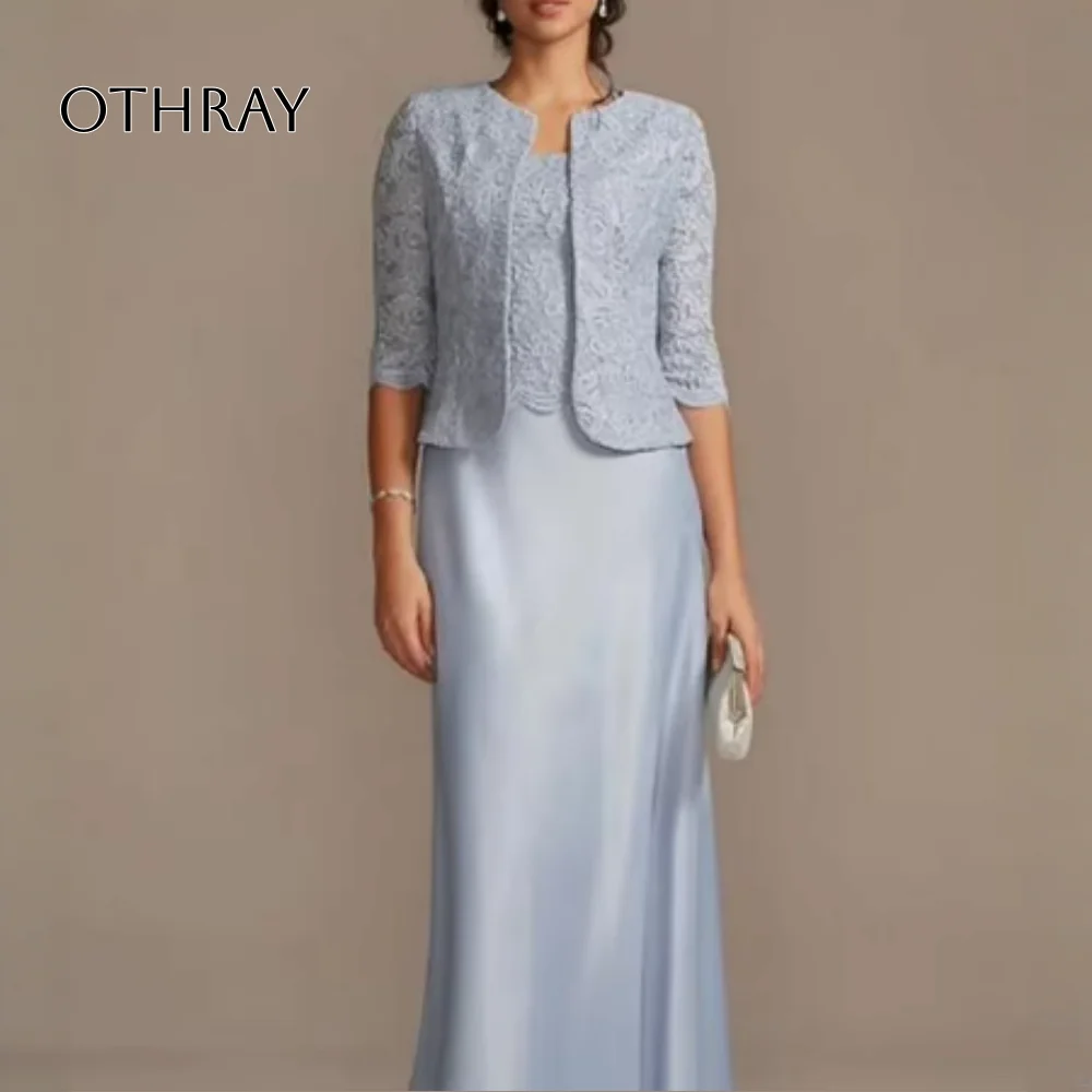 Othray Elegant Scoop Neck Floor Length Satin 3/4 Length Sleeve with Lace Sheath / Column Mother of the Bride Dress
