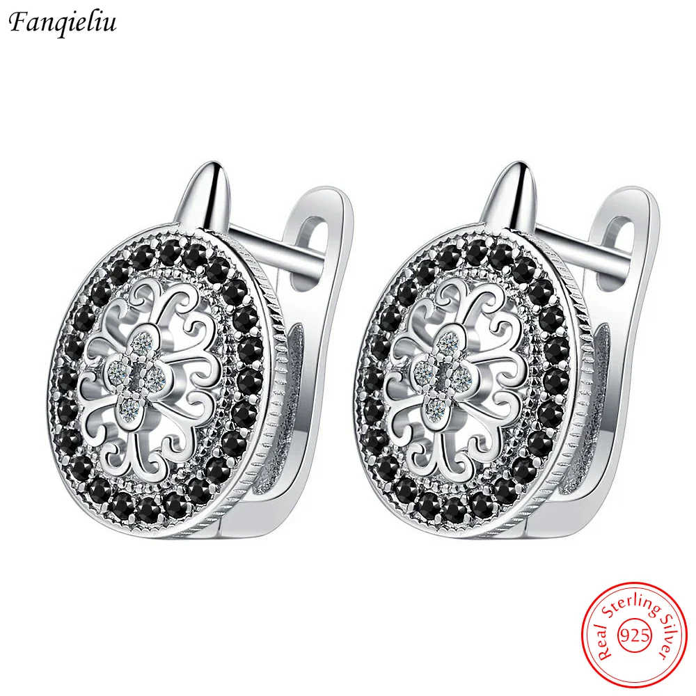 Fanqieliu Fashion Jewelry New Solid 925 Sterling Silver Hollow Out Black Crystal Flower Hoop Earrings For Women FQL21237