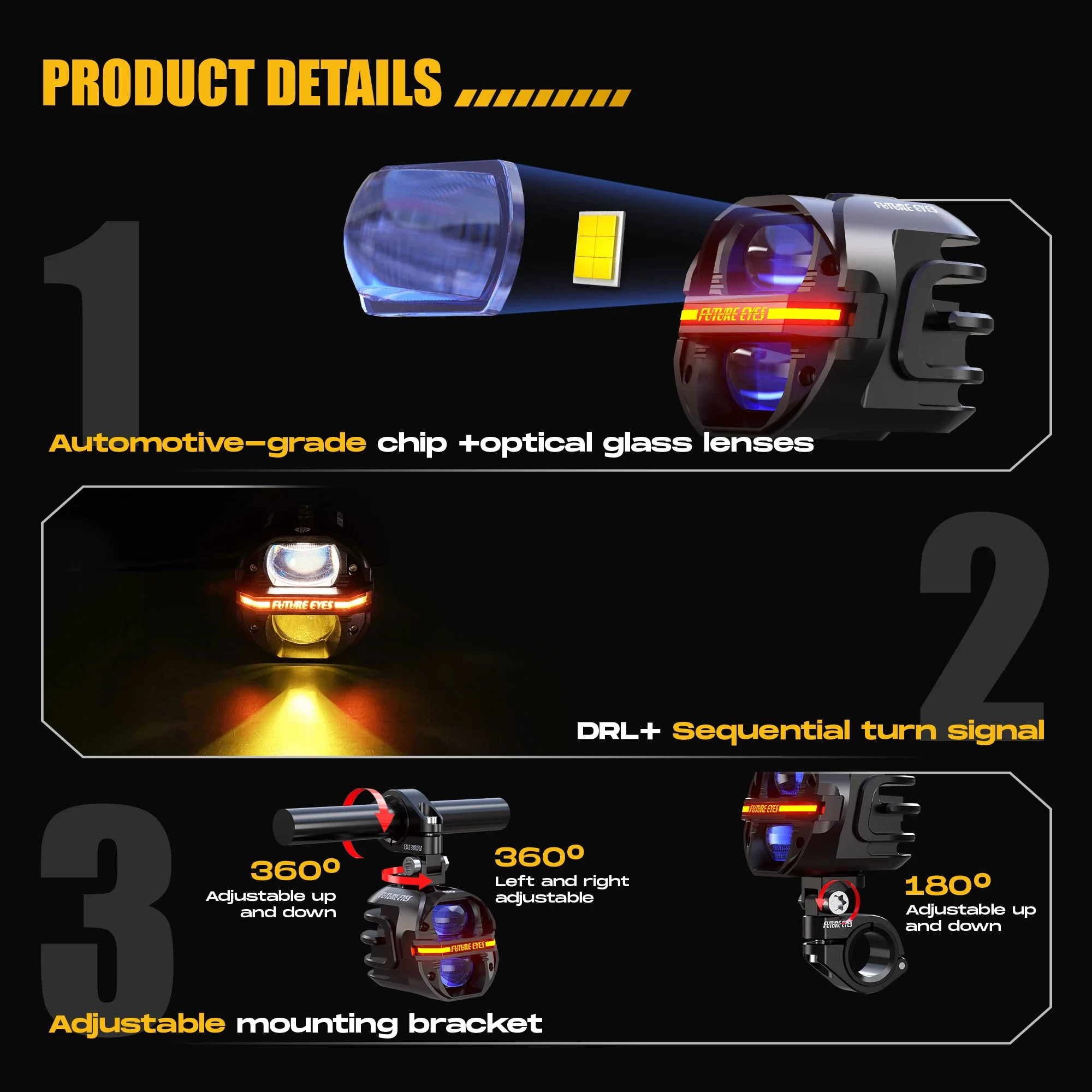 Future Eyes X80 - 120W LED Motorcycle Fog Lights, Amber & White Auxiliary Driving Lights with DRL & Strobe, Waterproof Headlight