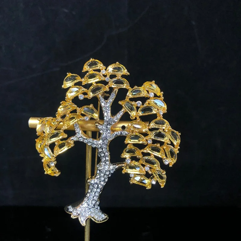Copper Gold Plated Tree Brooch Pave Yellow Clear Cubic Zirconia Elegant Life Tree Decorative Lapel Pin For Clothing