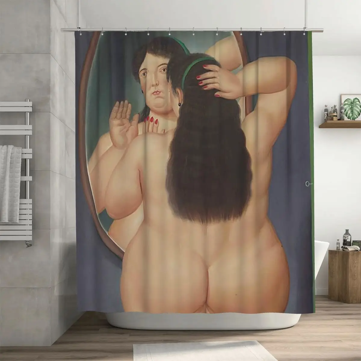 Fernando Botero - Woman In Front Of A Mirror - Exhibition Poster Shower Curtain Bathroom Waterproof Bath Curtains with Hooks