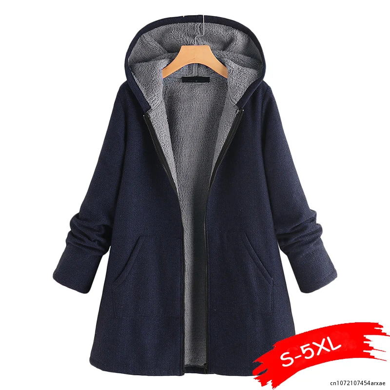 Winter Thick Warm Cotton Jacket Women Hooded Zipper Outwear Christmas Mom\'s Gift Plus velvet Vintage Loose Overcot