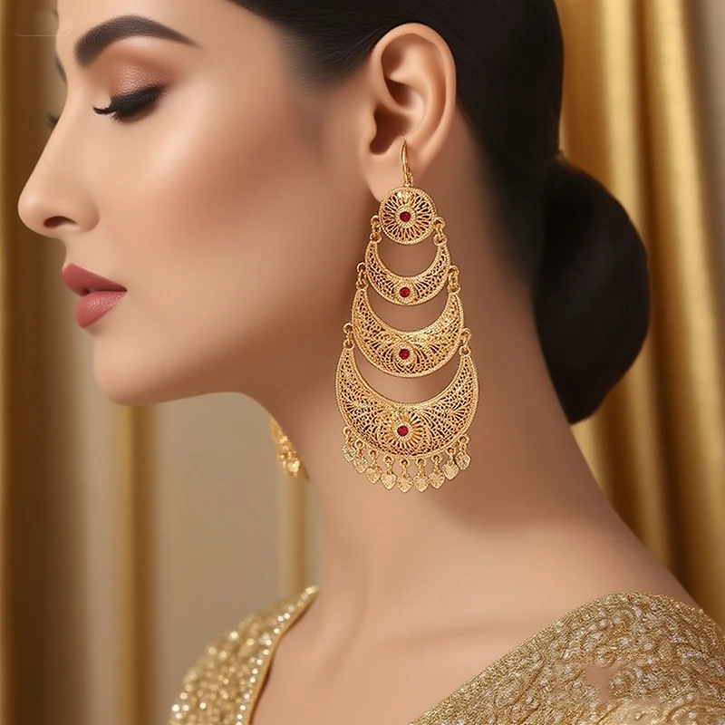 Women's Arabesque Long Dangle Earrings Moon Shape Drop Earring with Heart Tassels Vintage Ethnic Tribal Antique Jewelry
