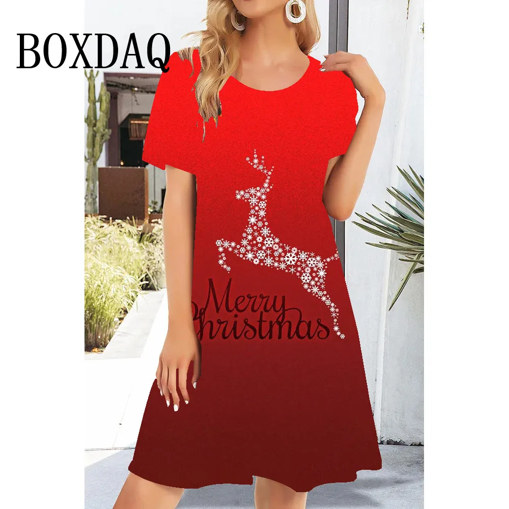 Women's Casual Fashion Festive Christmas Print Dresses Short Sleeve O-Neck Pullover Ladies Letter Christmas Reindeer Party Dress