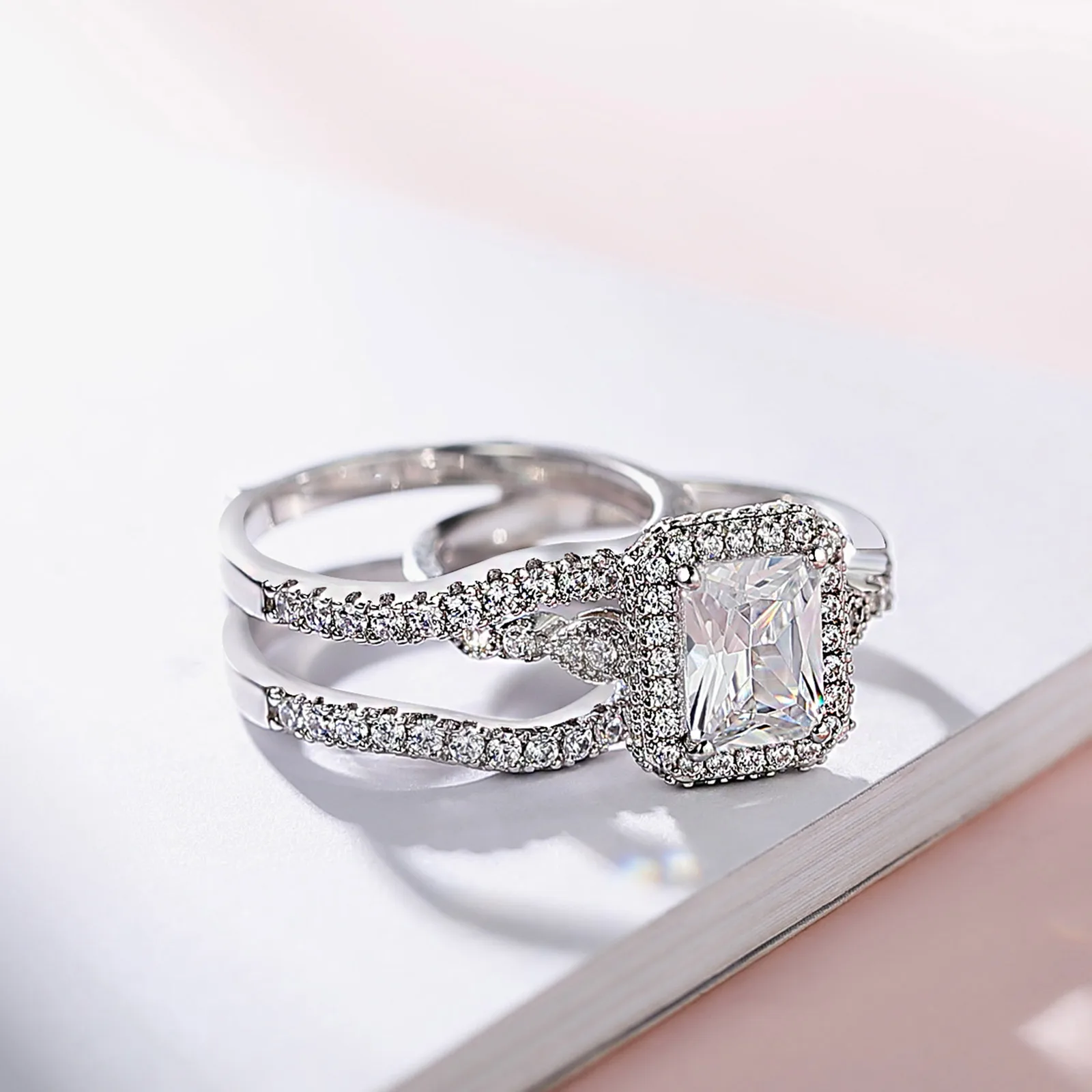 Newshe Solid 925 Sterling Silver Moissanite /AAAAA Zircon Wedding Rings Set for Women Engagement Ring Detachable Guard Bands