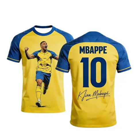France Y2K Hip Hop Harajuku Streetwear Mbappe No.10 Yellow Blue Raglan Jersey 3D All Over Print Breathable Unisex Sports T Shirt
