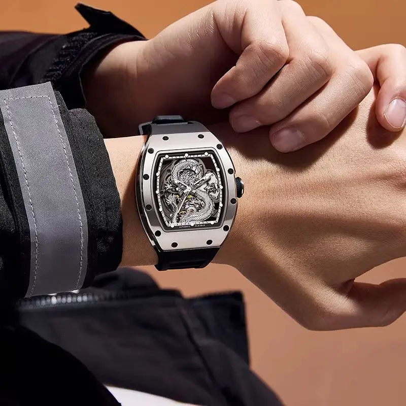 Couples Luxury Waterproof Hollow Out Automatic Dragon Dial Barrel Sports Wristwatch Mechanical Movement Silicone Strap Watches